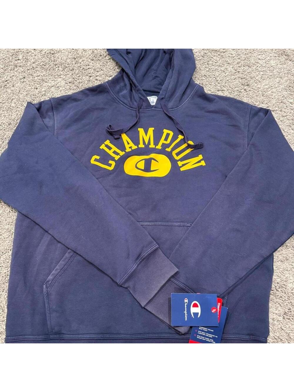 Champion Navy Specialty Dye Hoodie with Yellow Logo